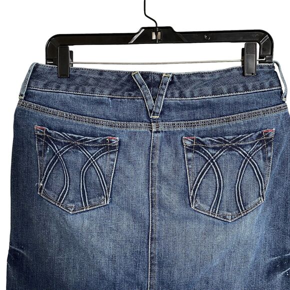 Express Denim Laboratory Short Mini Denim Jean Skirt Womens Size 4 Distressed - Picture 2 of 8